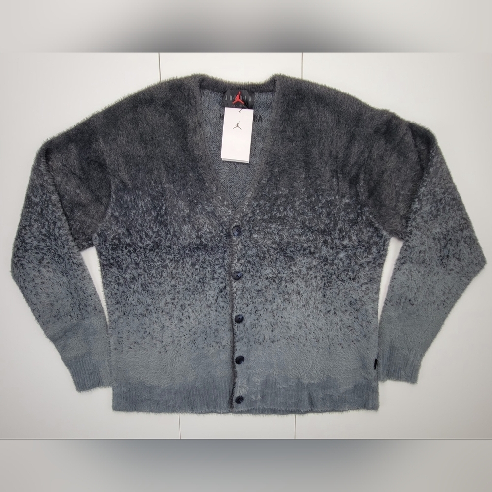 Jordan Flight Heritage Cardigan Mens LARGE Grey Ombre Fuzzy‎ Sweater FV7426 NEW